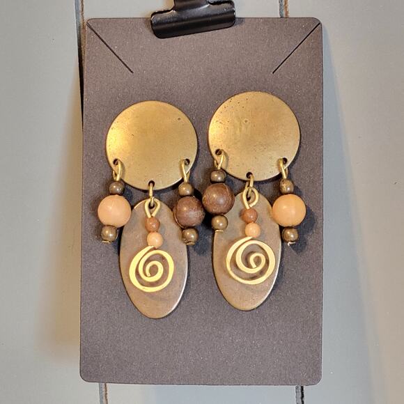 Boho Brass Dangle Earrings with Beads & Spiral Charm Tribal Boho Style - Picture 3 of 6
